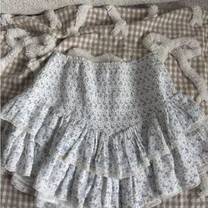 LoveShackFancy Light Blue Floral Smocked Ruffle Mini Skirt
